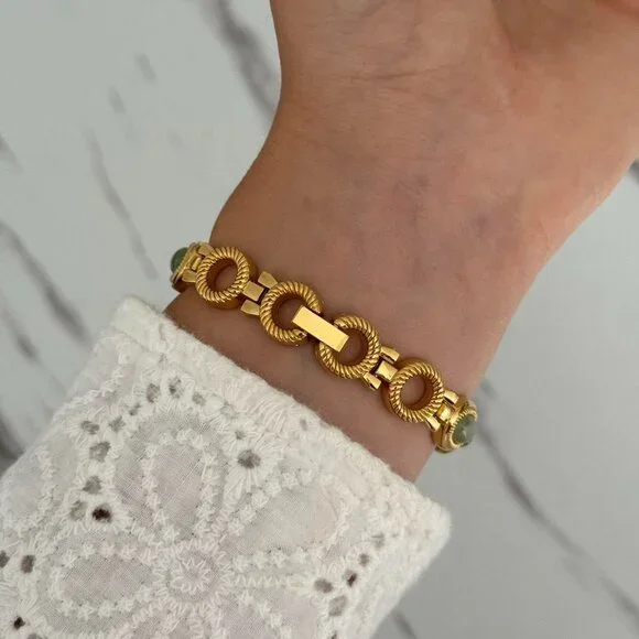 Sku:0357 cute gold watch bracelet with green natural stone  display picture 1